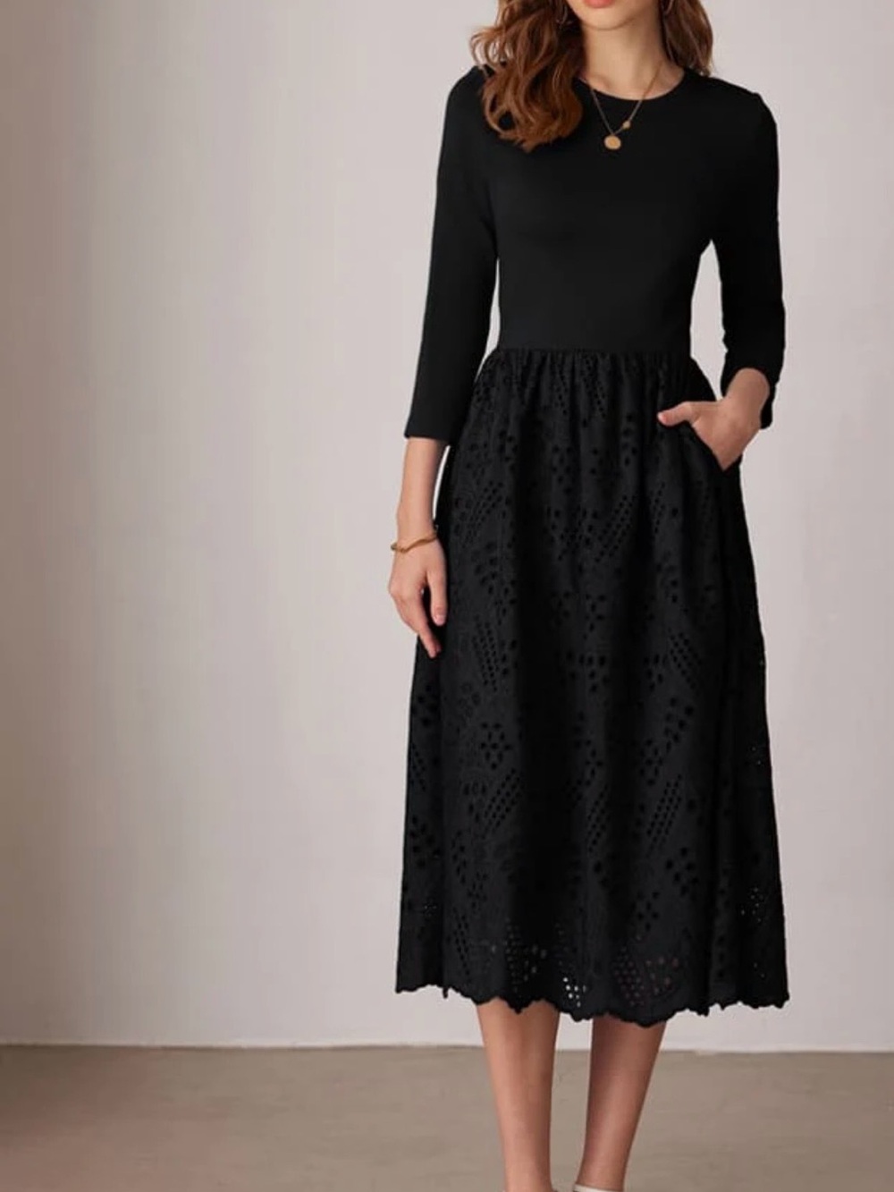 Grace Karin Black Midi Dress with Eyelet Skirt and Three-Quarter Sleeves